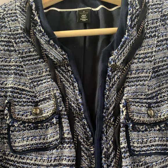 WHBM Blue Tweed Fringe Chain Embellished Blazer Jacket - Picture 6 of 8